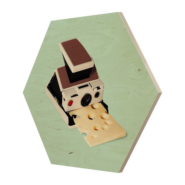 Hexagon Bild Holz - Jonas Loose - Kamera mit Käse