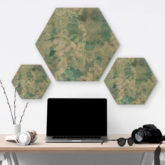 Hexagon Bild Holz - Eisblumen