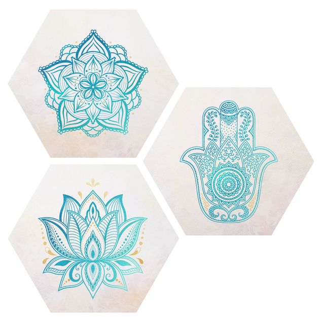 Cuadros zen Mandala Hamsa Hand Lotus Set Gold Blue