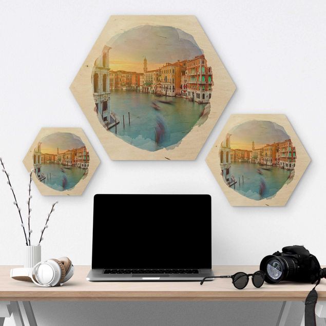 Hexagon Bild Holz - Wasserfarben - Canale Grande Blick von der Rialtobrücke Venedig