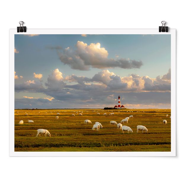 Póster paisaje North Sea Lighthouse With Flock Of Sheep