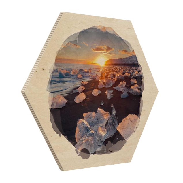 Cuadros de madera playas WaterColours - Chunks Of Ice On The Beach Iceland