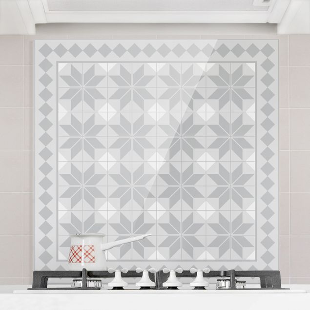 Decoración de cocinas Geometrical Tiles Star Flower Grey With Border
