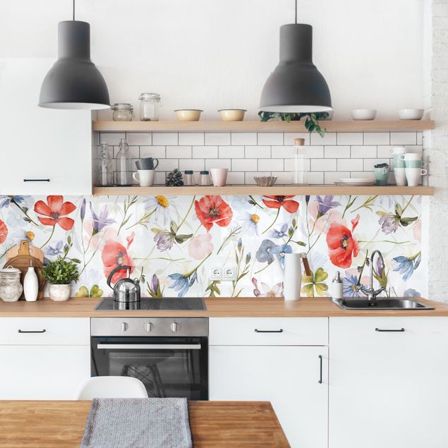 Salpicaderos de cocina flores Watercolour Poppy With Cloverleaf