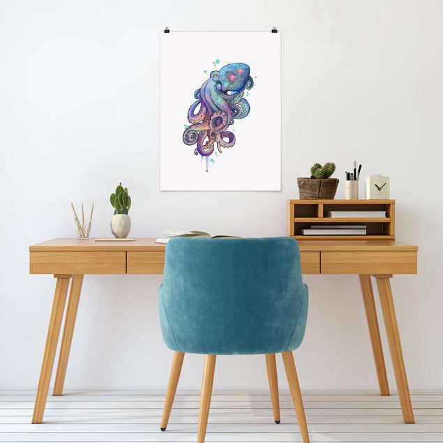 Póster cuadros famosos Illustration Octopus Violet Turquoise Painting