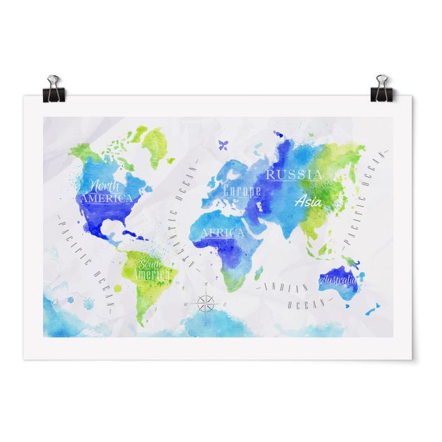 Cuadros modernos World Map Watercolour Blue Green