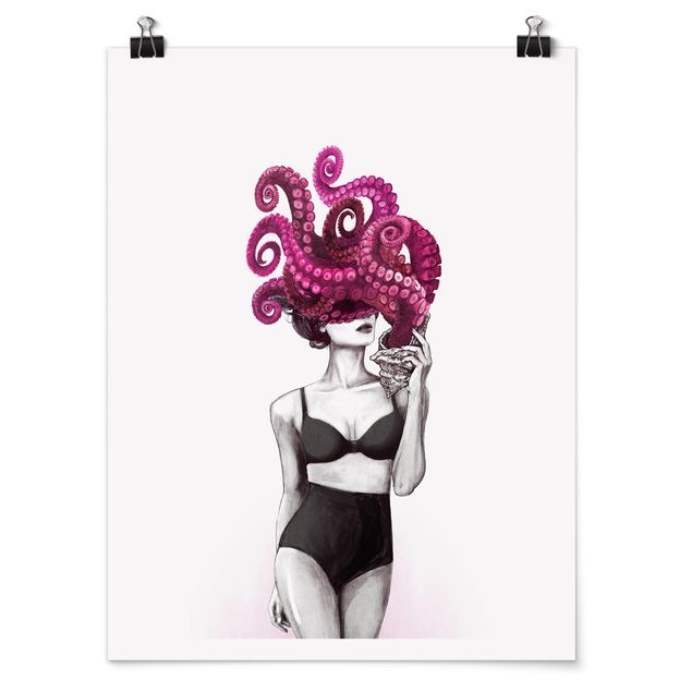 Póster cuadros famosos Illustration Woman In Underwear Black And White Octopus