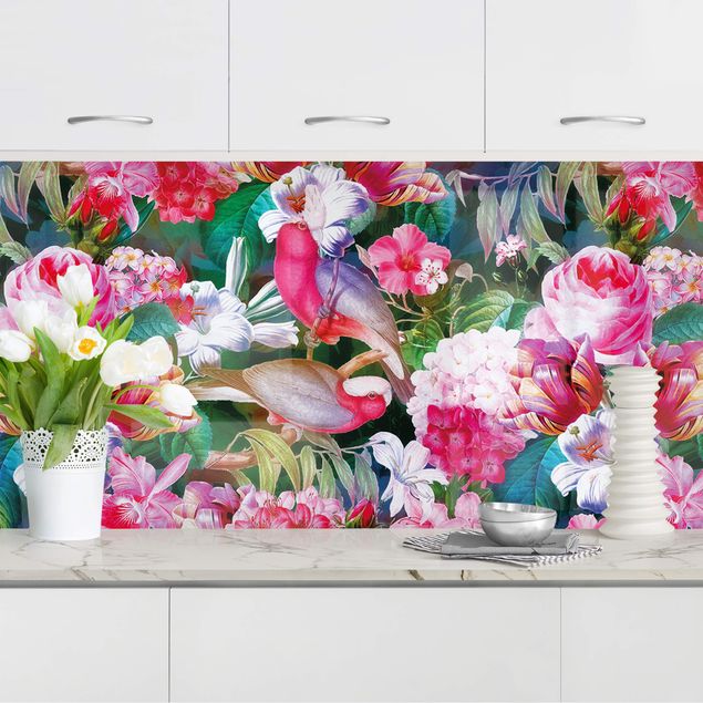Decoración en la cocina Colourful Tropical Flowers With Birds Pink