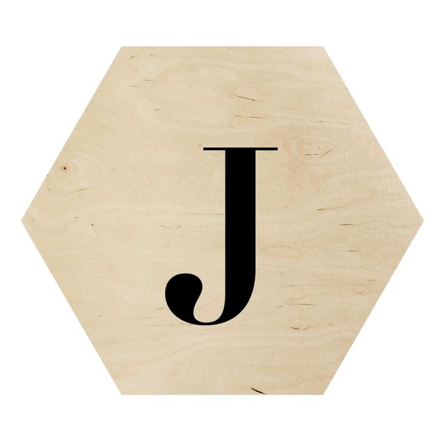 Hexagon Bild Holz - Buchstabe Serif Weiß J