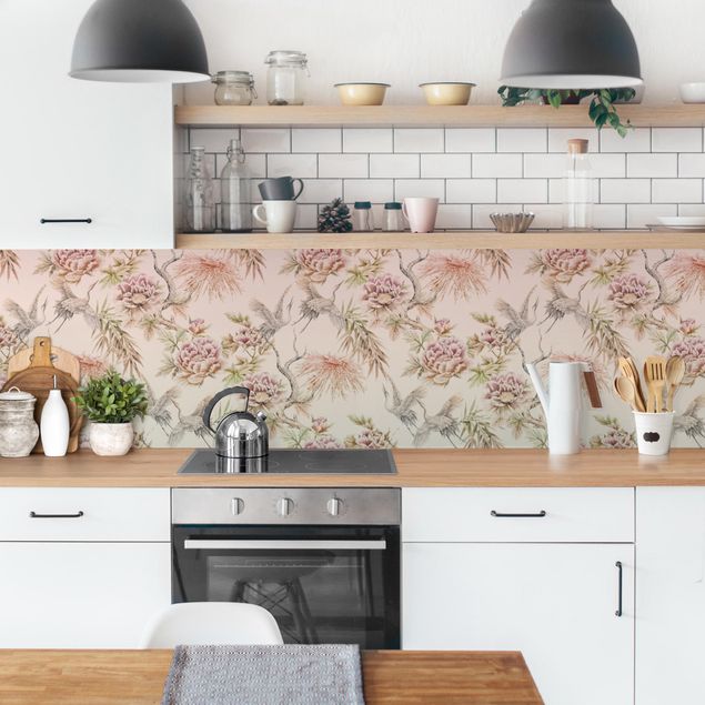 Küchenrückwand - Aquarell Vögel mit großen Blüten in Ombre