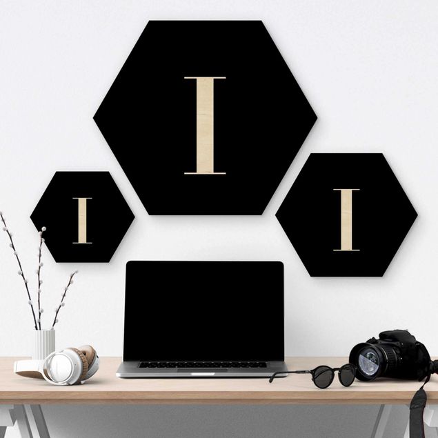Hexagon Bild Holz - Buchstabe Serif Schwarz I