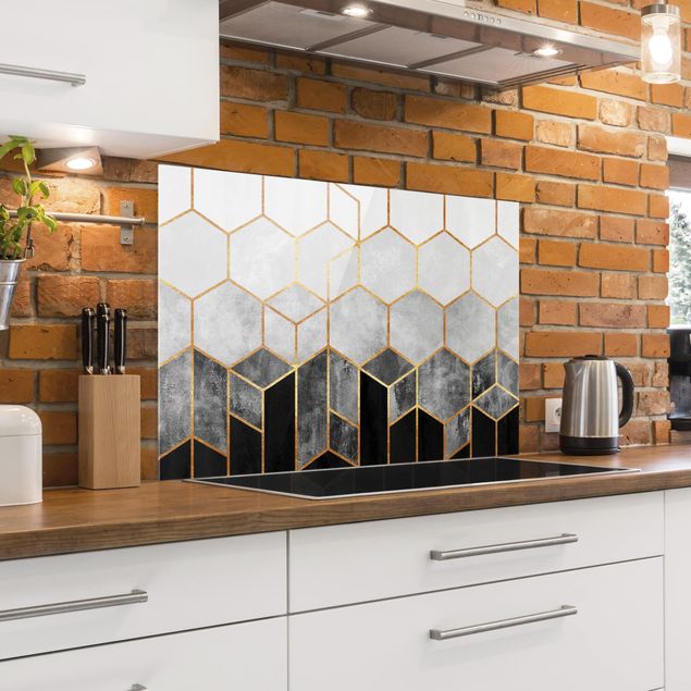Panel antisalpicaduras cocina patrones Golden Hexagons Black And White