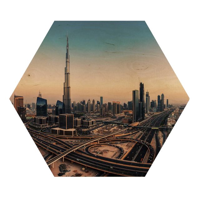 Hexagon Bild Holz - Abendstimmung in Dubai