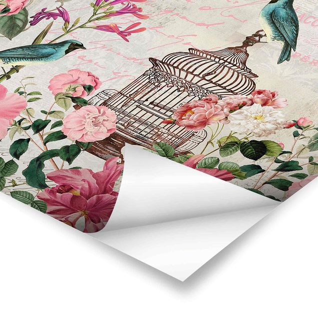 Cuadros Haase Shabby Chic Collage - Pink Flowers And Blue Birds