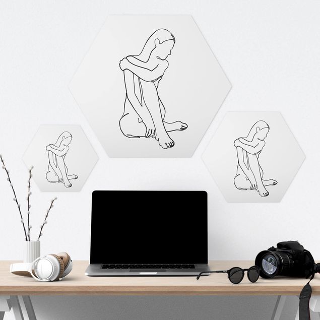 cuadros hexagonales Line Art Woman Nude Black And White