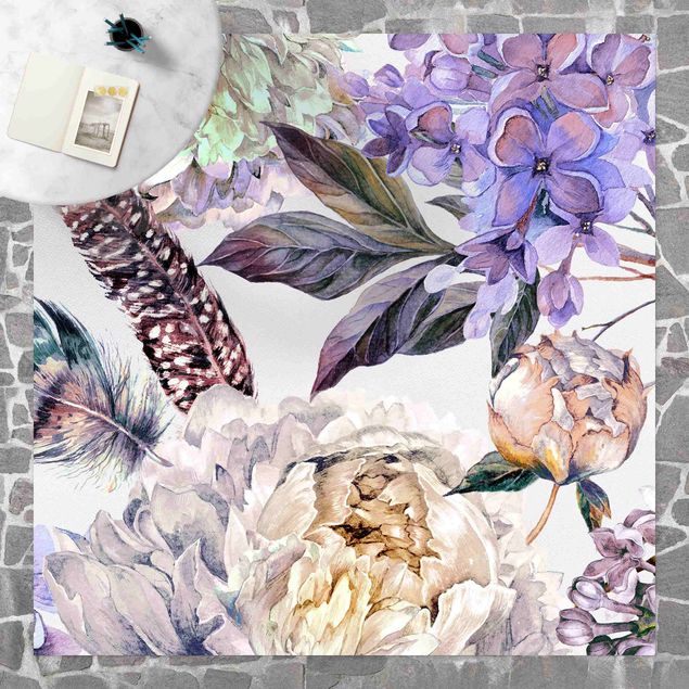 Alfombra balcón Delicate Watercolour Boho Flowers And Feathers Pattern