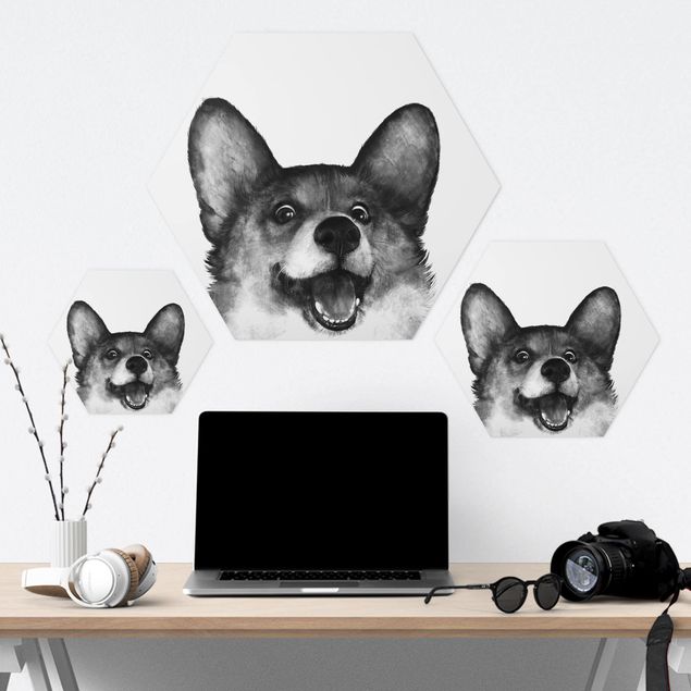 cuadro hexagonal Illustration Dog Corgi Black And White Painting