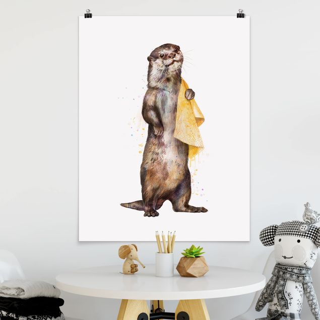 Póster cuadros famosos Illustration Otter With Towel Painting White