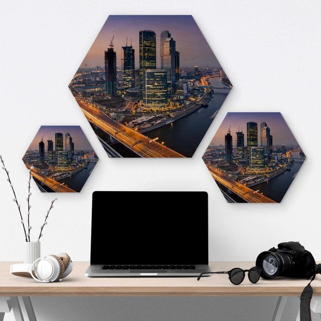 Hexagon Bild Holz - Sonnenuntergang über Moskau