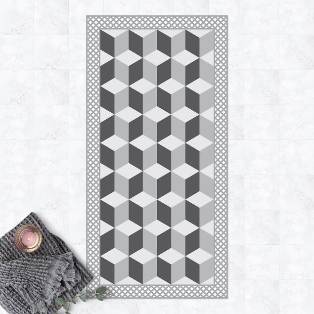 Alfombra exterior Geometrical Tiles Illusion Of Stairs In Grey With Border