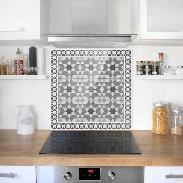 Panel antisalpicaduras cocina patrones Geometrical Tiles Kaleidoscope grey With Border