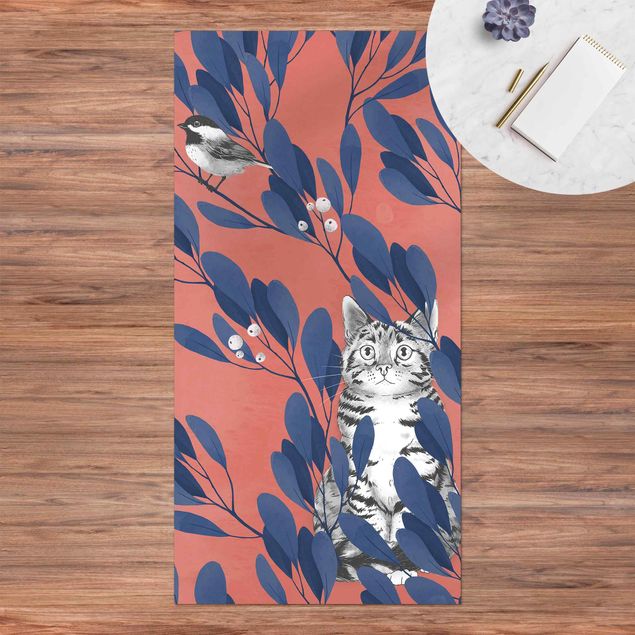 alfombra de terraza Illustration Cat and Bird On Branch Blue Red