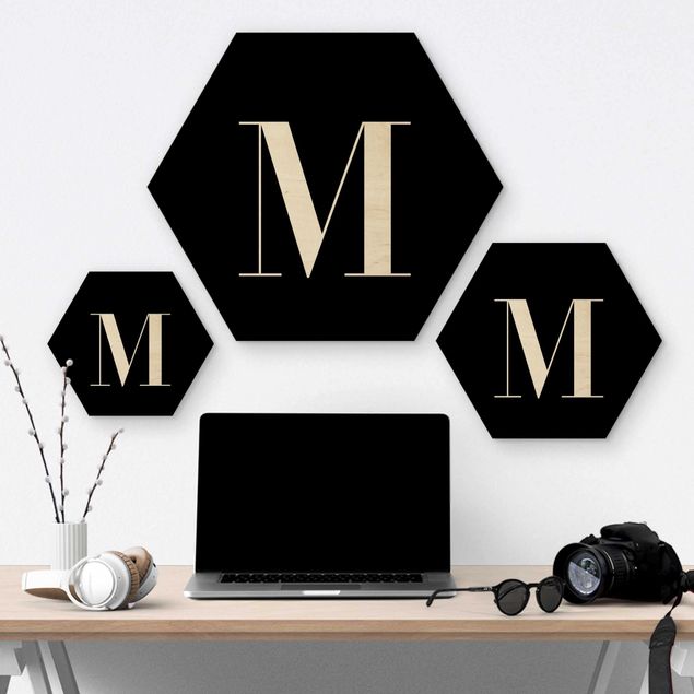 Hexagon Bild Holz - Buchstabe Serif Schwarz M