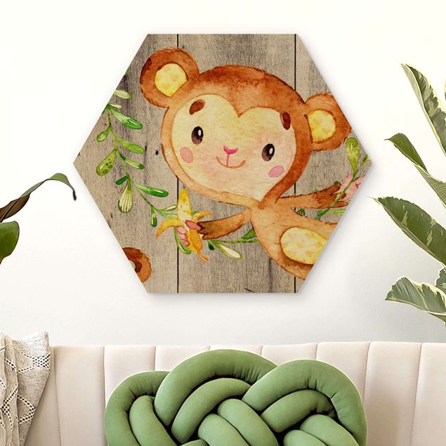 Decoración habitacion bebé Watercolor Monkey On Wood