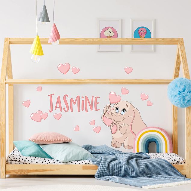 Decoración infantil pared Pink Baby Elephant With Many Hearts