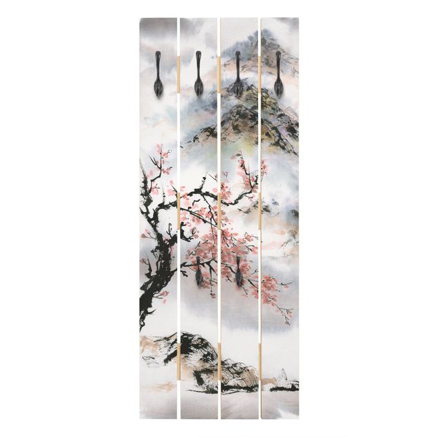Perchero pared gris Japanese Watercolour Drawing Cherry Tree And Mountains