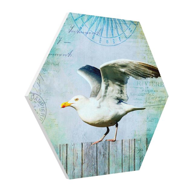 Cuadro retro Vintage Collage - Seagull On Wooden Planks