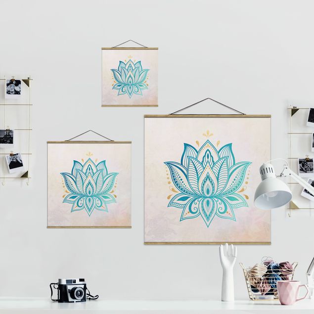 Cuadros en turquesa Lotus Illustration Mandala Gold Blue