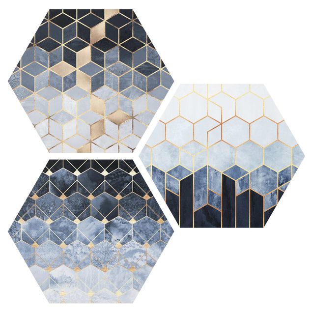 Cuadros abstractos para salón Blue White Golden Hexagons Set