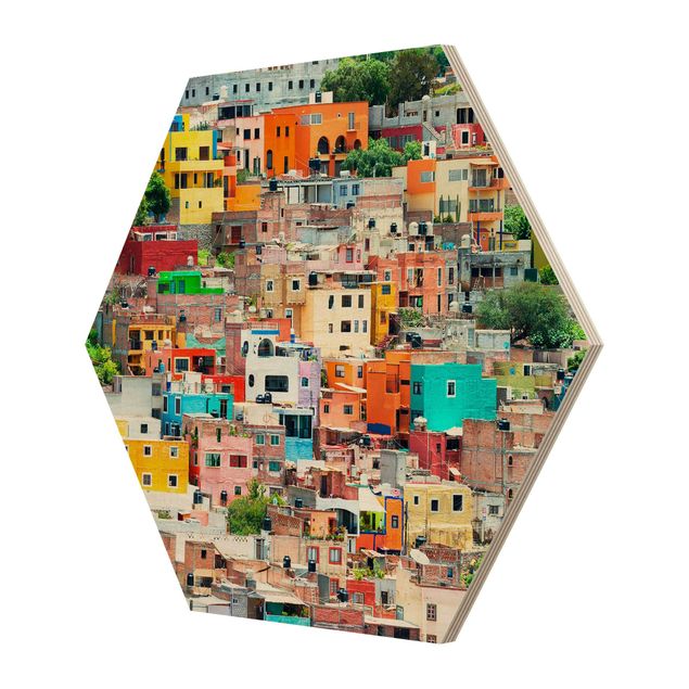 Hexagon Bild Holz - Farbige Häuserfront Guanajuato