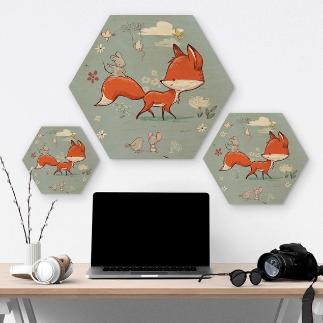 Hexagon Bild Holz - Fuchs und Maus auf Wanderschaft