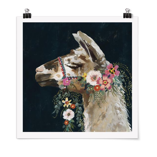 Láminas animales Lama With Floral Decoration II