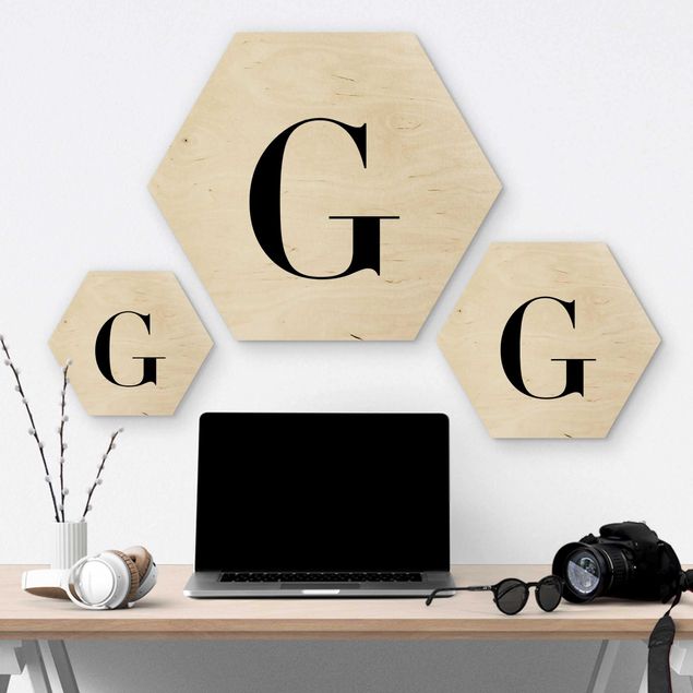 Hexagon Bild Holz - Buchstabe Serif Weiß G