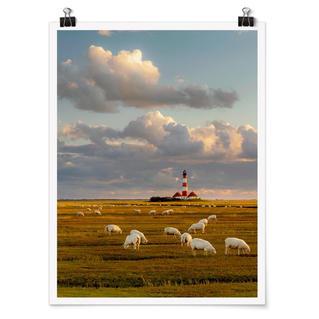 Póster paisaje North Sea Lighthouse With Flock Of Sheep