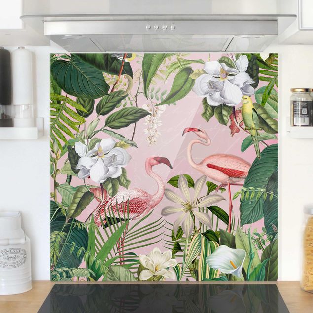 Decoración en la cocina Tropical Flamingos With Plants In Pink