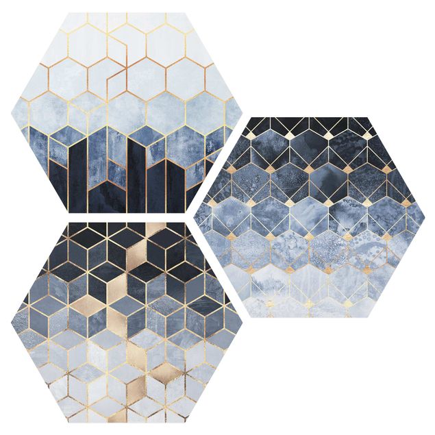Cuadros abstractos modernos Blue White Golden Hexagons Set