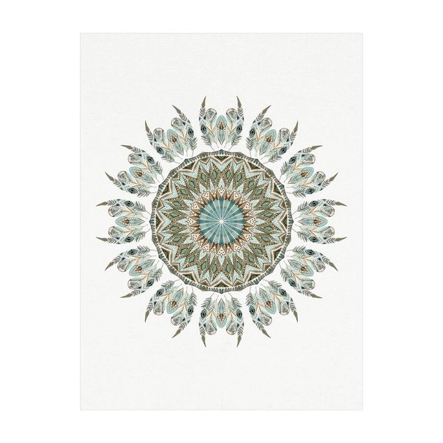 Alfombras florales Mandala Watercolours Feathers Hand Painted Blue Green