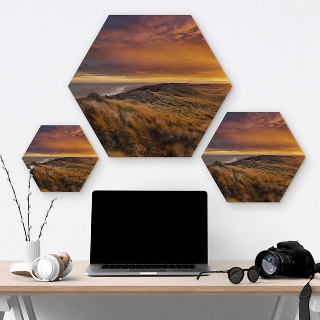 Hexagon Bild Holz - Sonnenaufgang am Strand auf Sylt