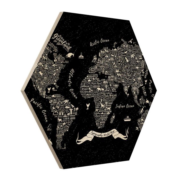 Cuadros hexagonales Typography World Map Black