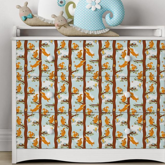 Láminas adhesivas mate Cute Kids Pattern With Squirrels And Baby Birds