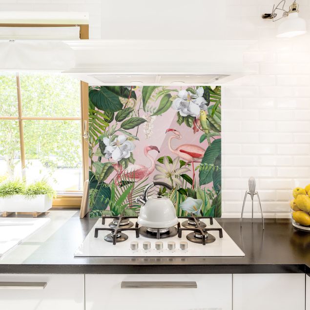 Panel antisalpicaduras cocina flores Tropical Flamingos With Plants In Pink