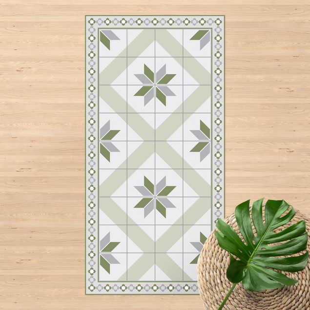 Alfombra balcón Geometrical Tiles Rhombic Flower Olive Green With narrow Border