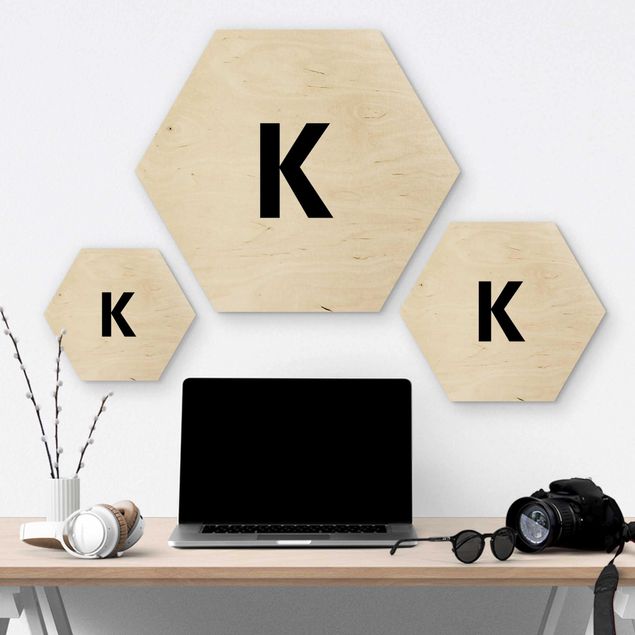 Hexagon Bild Holz - Buchstabe Weiß K