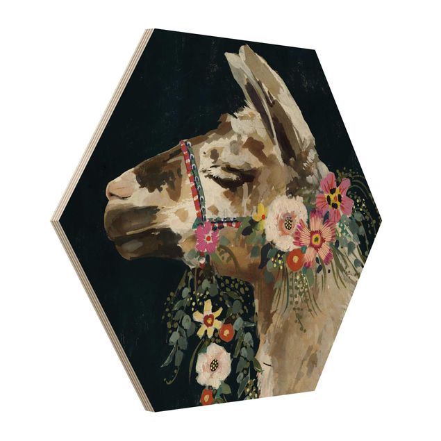 Hexagon Bild Holz - Lama mit Blumenschmuck II