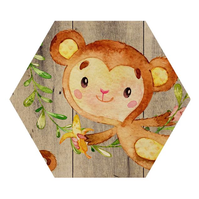 Cuadros en tonos beige y marrón Watercolor Monkey On Wood