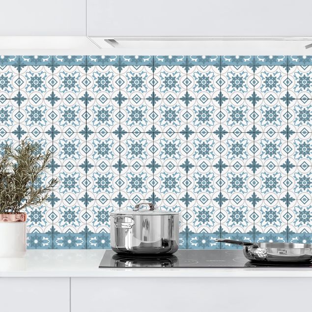 Decoración de cocinas Geometrical Tile Mix Flower Blue Grey